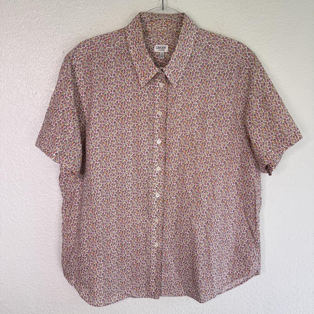 Liberty London Top Womens 14 US Floral Button Up Short Sleeve Cotton Blouse 18UK